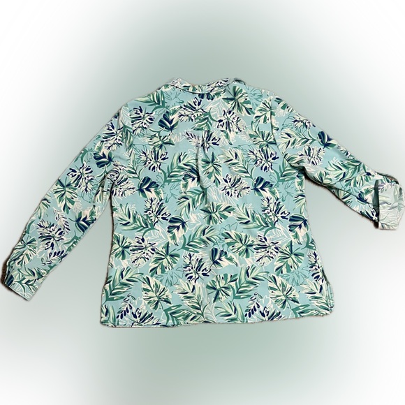 💥Kim Rogers Women Blue Green Leaf Blouse Adjustable Sleeve Length Petite XL - Picture 6 of 9